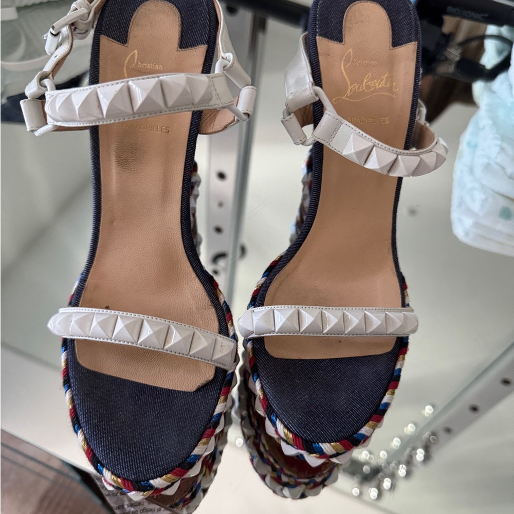Christian Louboutin Blue and White Wedges with Studded Straps